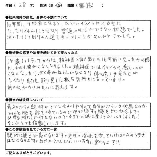 PMDD(月経前不機嫌性障害)　28歳/女性