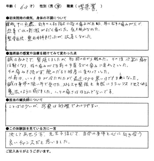手指の関節痛及び神経痛　63歳/女性