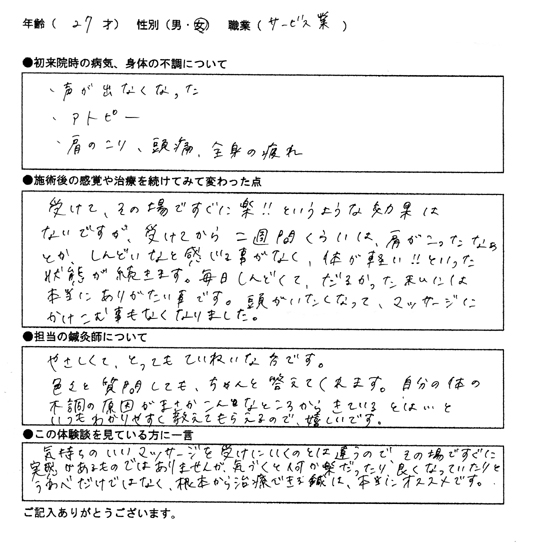 アトピー性皮膚炎(指、手首、首)、肩こり、頭痛、嗄声　27歳/女性