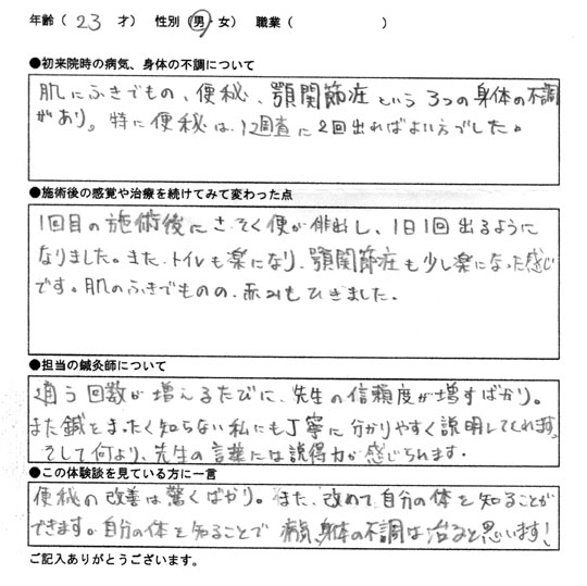便秘・にきび・顎関節症　23歳/男性