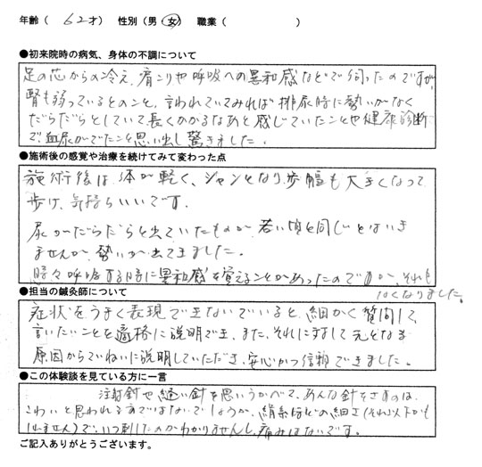 呼吸がしづらい・足の冷え・肩こり　63歳/女性